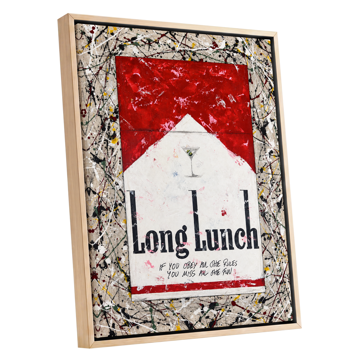 Long Lunch Unscripted, red, white, black abstract wall art shown as a oak framed canvas wall art
