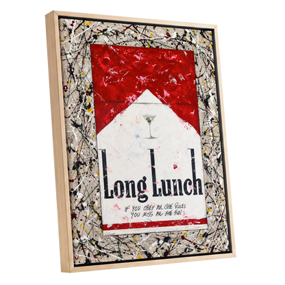 Long Lunch Unscripted, red, white, black abstract wall art shown as a oak framed canvas wall art