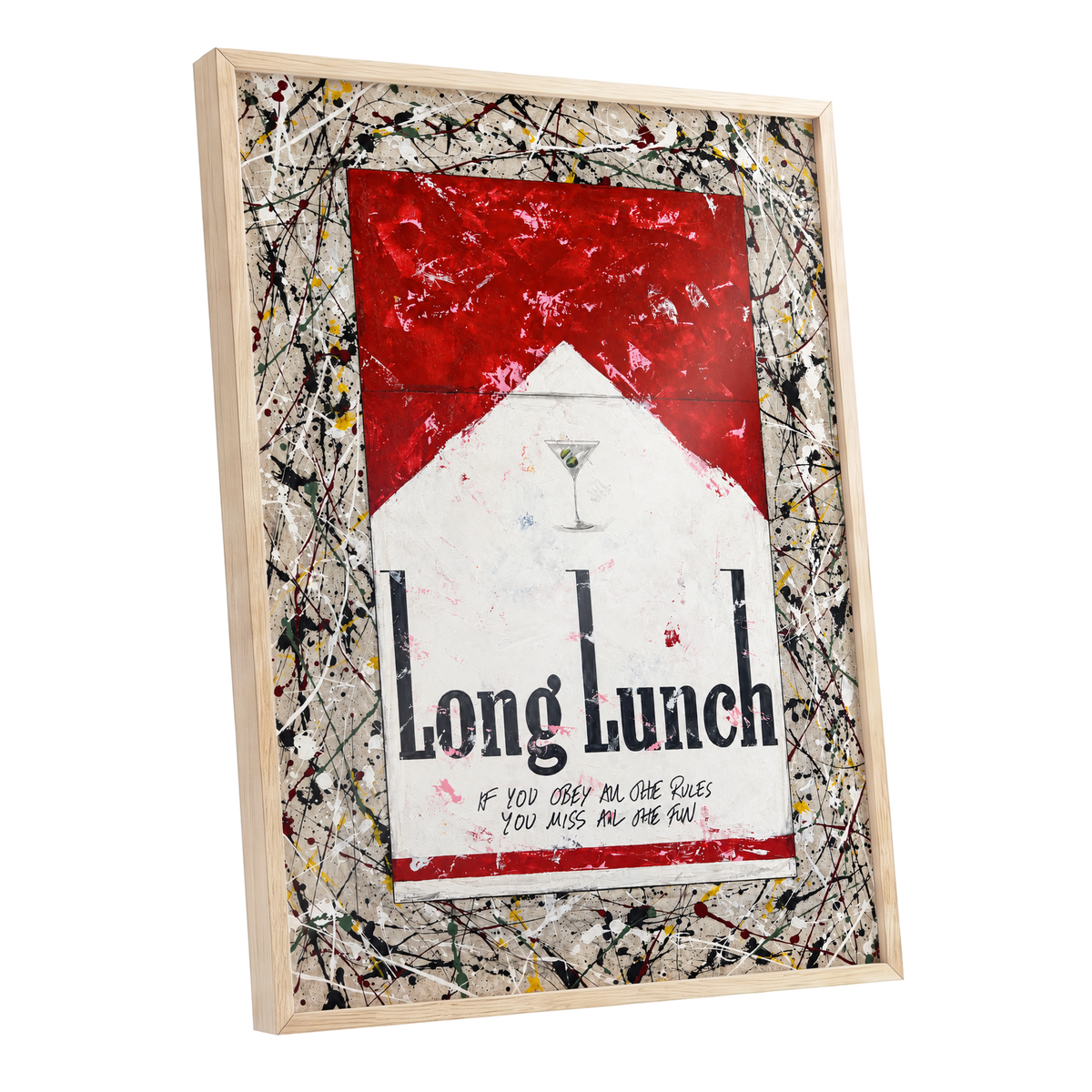 Long Lunch Unscripted, red, white, black abstract wall art shown as a oak framed poster wall art print
