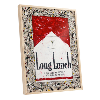 Long Lunch Unscripted, red, white, black abstract wall art shown as a oak framed poster wall art print
