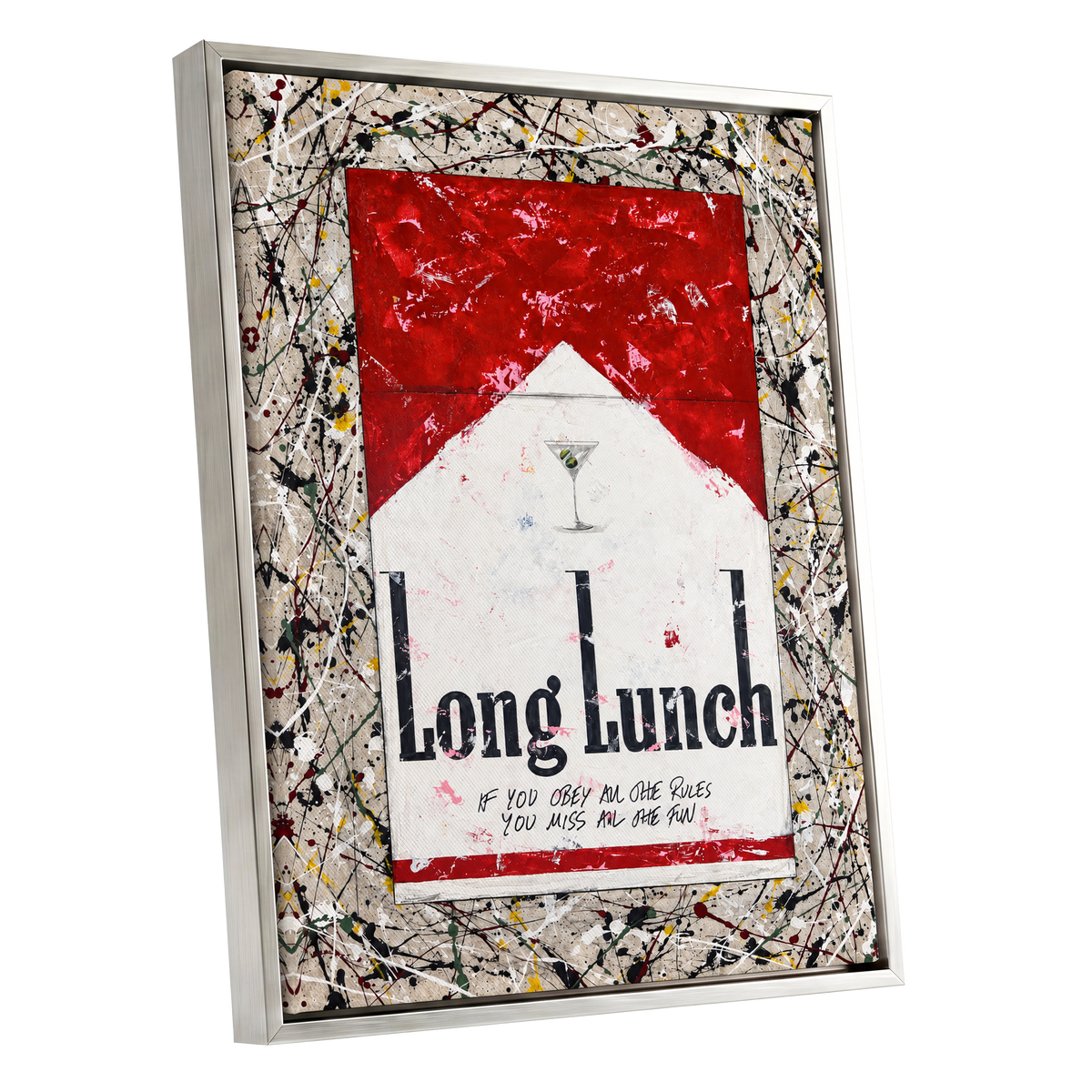 Long Lunch Unscripted, red, white, black abstract wall art shown as a silver framed canvas wall art