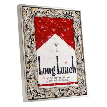 Long Lunch Unscripted, red, white, black abstract wall art shown as a silver framed canvas wall art