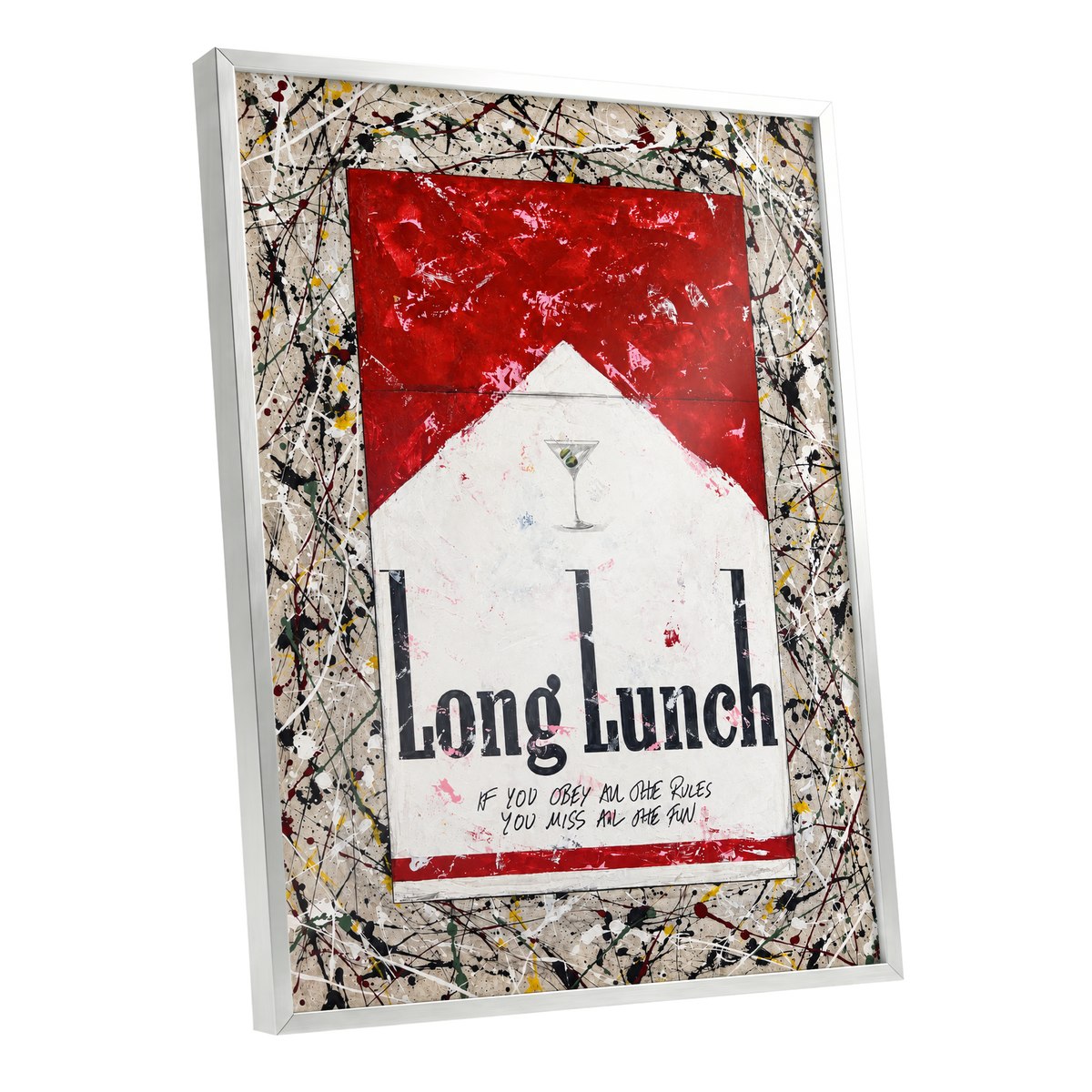 Long Lunch Unscripted, red, white, black abstract wall art shown as a silver framed poster wall art print