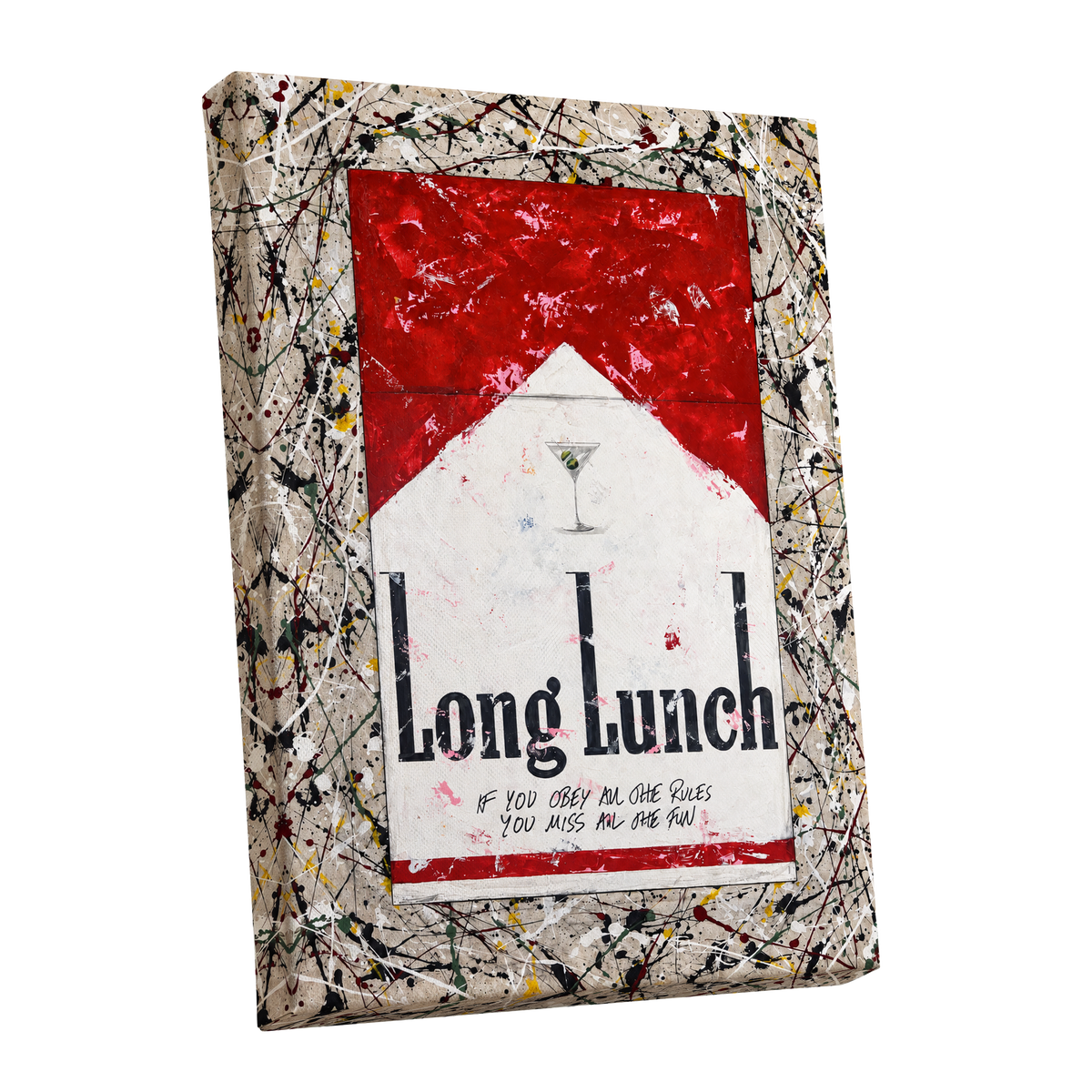 Long Lunch Unscripted, red, white, black abstract wall art shown as a stretched canvas wall art