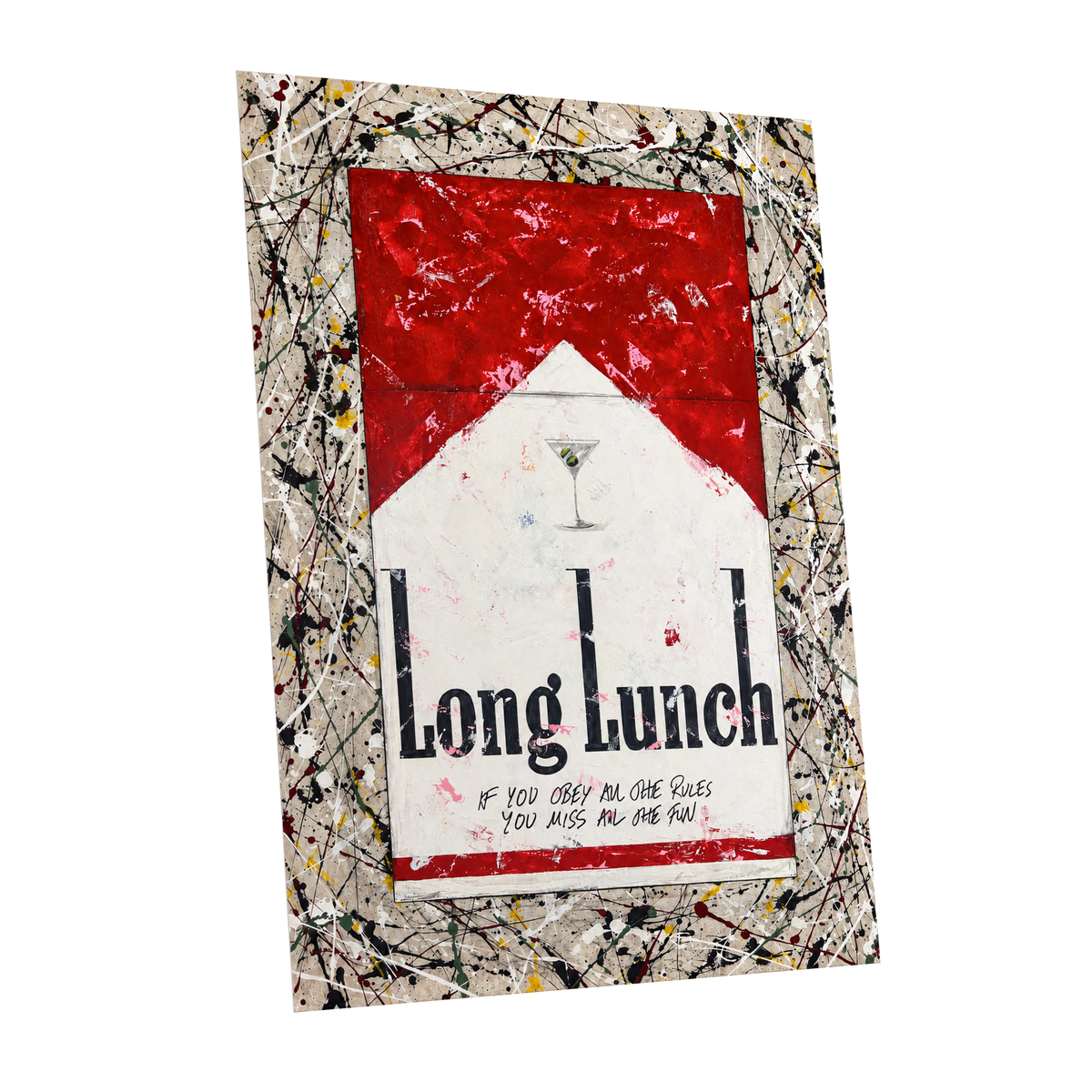 Long Lunch Unscripted, red, white, black abstract wall art shown as a unframed poster wall art print