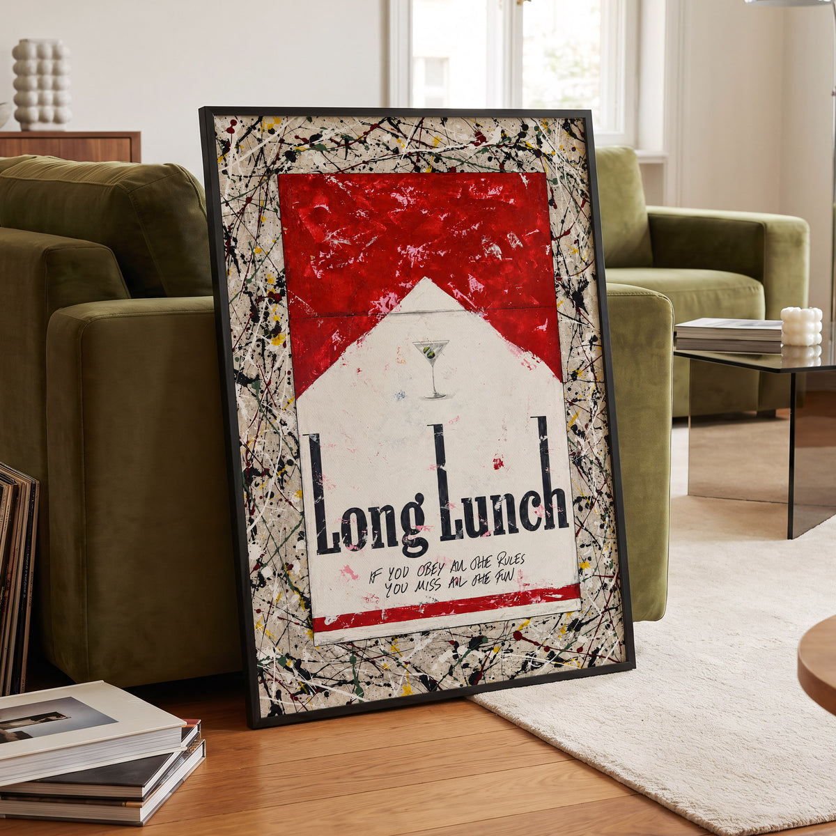 Long Lunch Unscripted, red, white, black abstract wall art displayed in a styled interior, gallery view 2