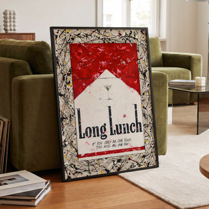 Long Lunch Unscripted, red, white, black abstract wall art displayed in a styled interior, gallery view 2