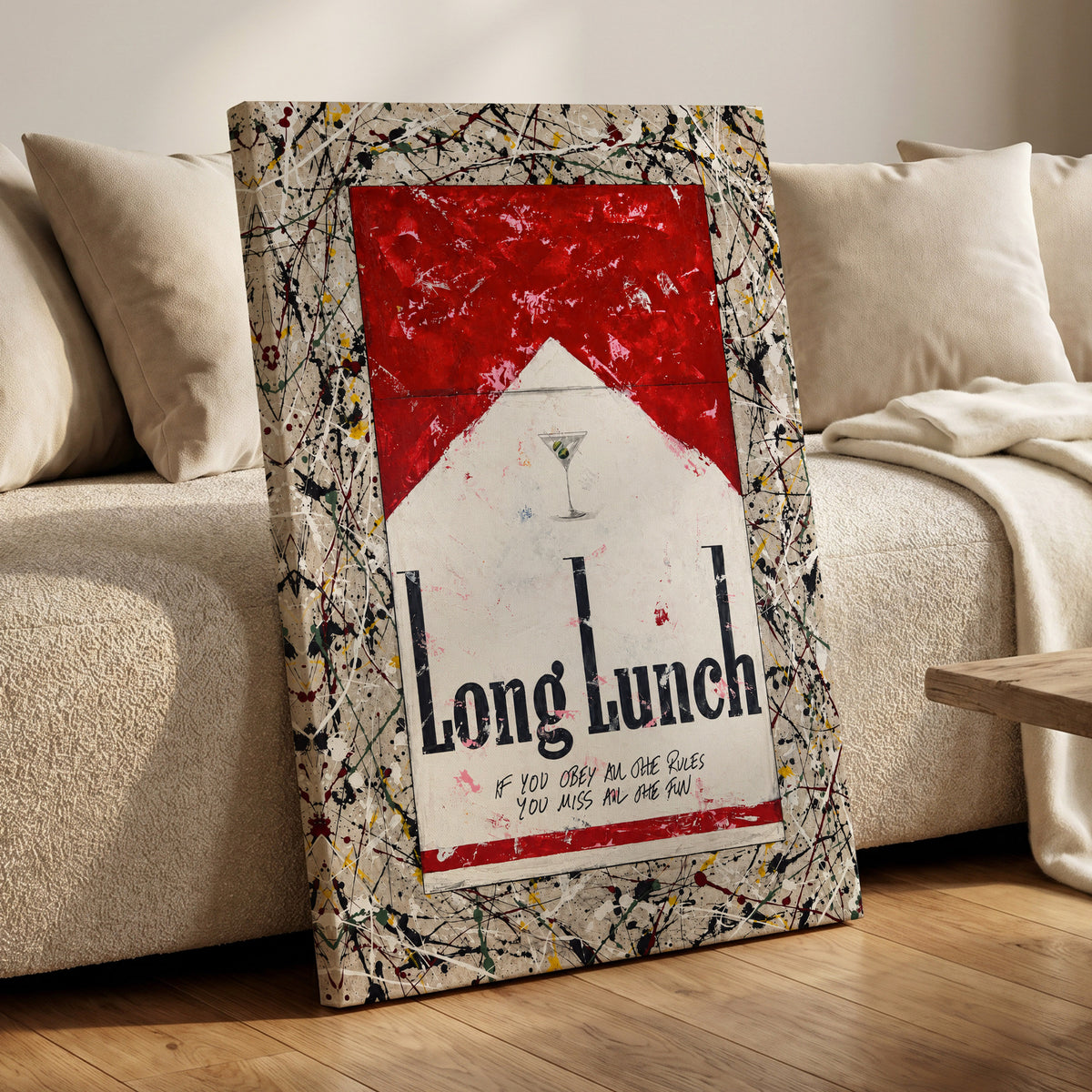 Long Lunch Unscripted, red, white, black abstract wall art displayed in a styled interior, gallery view 3