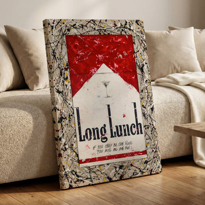 Long Lunch Unscripted, red, white, black abstract wall art displayed in a styled interior, gallery view 3