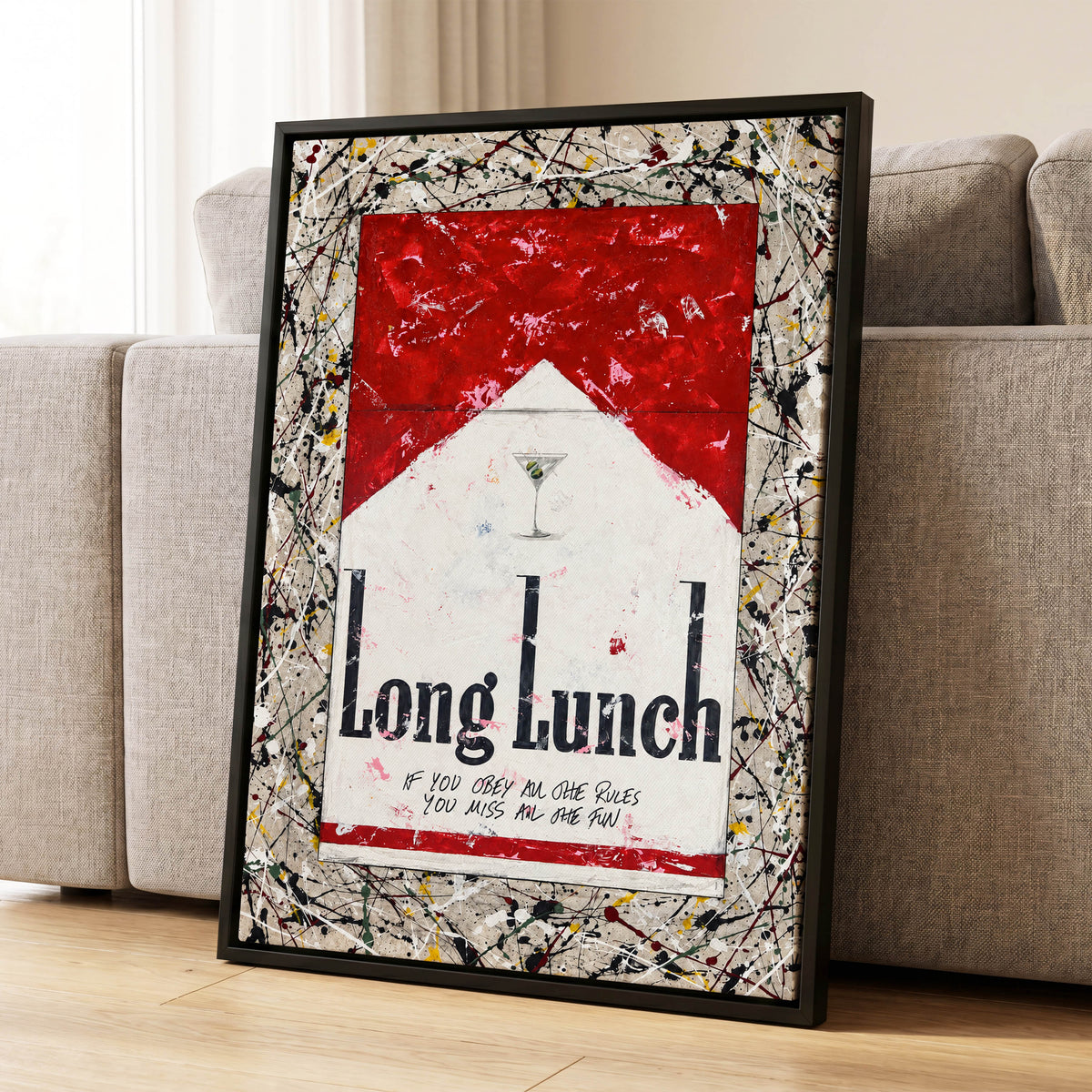 Long Lunch Unscripted, red, white, black abstract wall art displayed in a styled interior, gallery view 4
