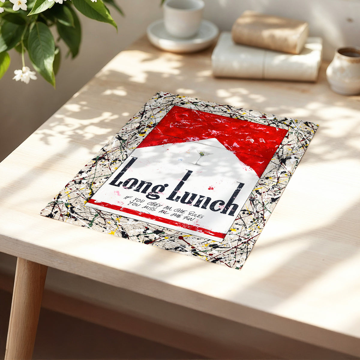 Long Lunch Unscripted, red, white, black abstract wall art displayed in a styled interior, gallery view 5