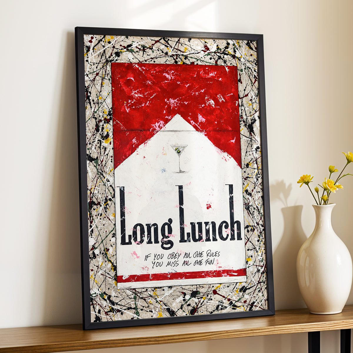 Long Lunch Unscripted, red, white, black abstract wall art displayed in a styled interior, gallery view 6