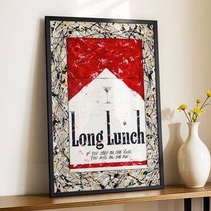 Long Lunch Unscripted, red, white, black abstract wall art displayed in a styled interior, gallery view 6