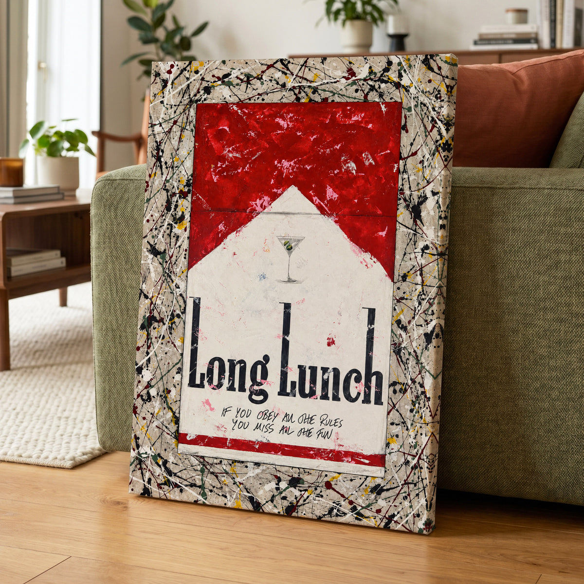 Long Lunch Unscripted, red, white, black abstract wall art displayed in a styled interior, gallery view 7