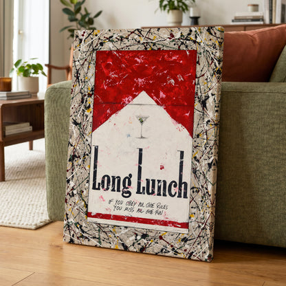 Long Lunch Unscripted, red, white, black abstract wall art displayed in a styled interior, gallery view 7