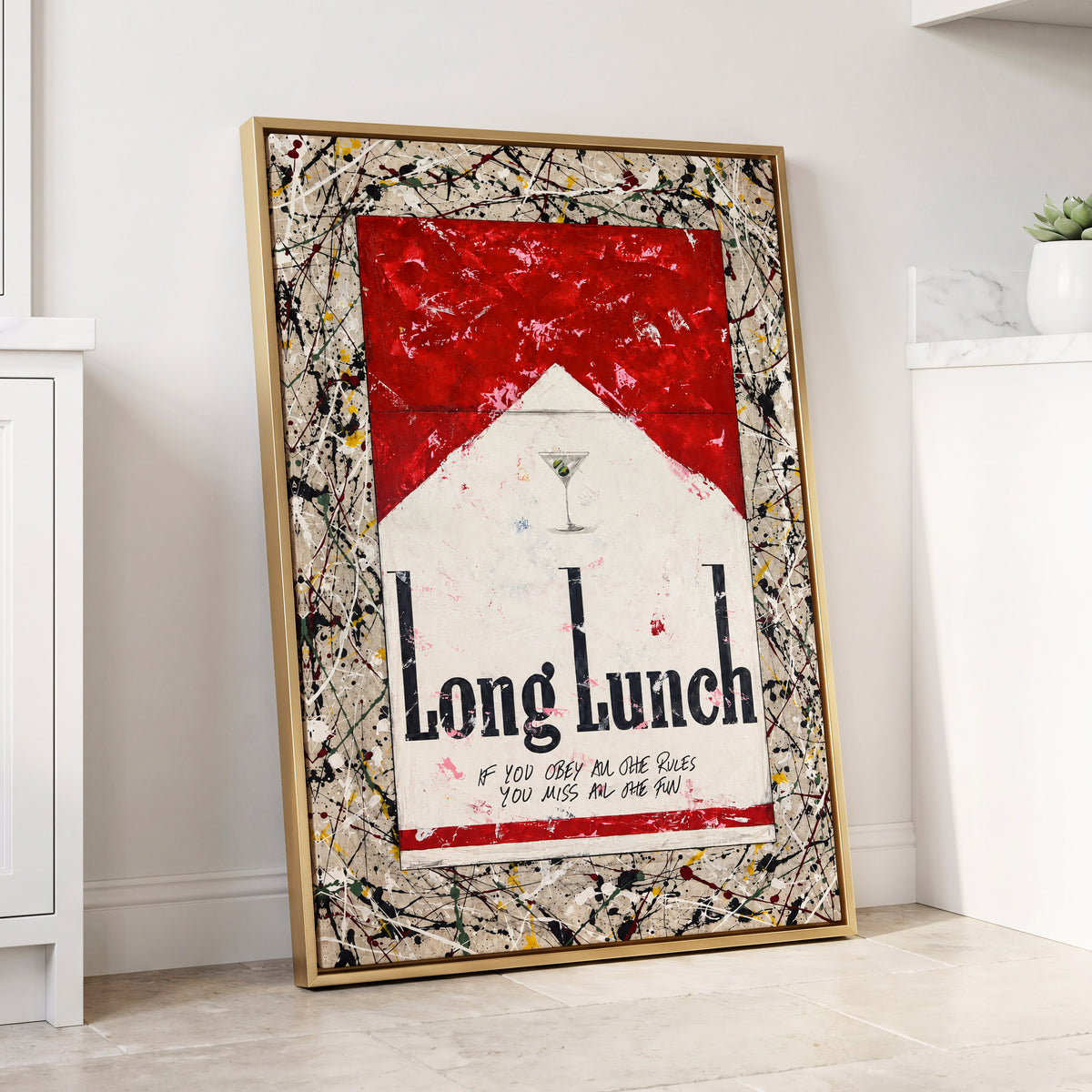 Long Lunch Unscripted, red, white, black abstract wall art displayed in a styled interior, gallery view 8