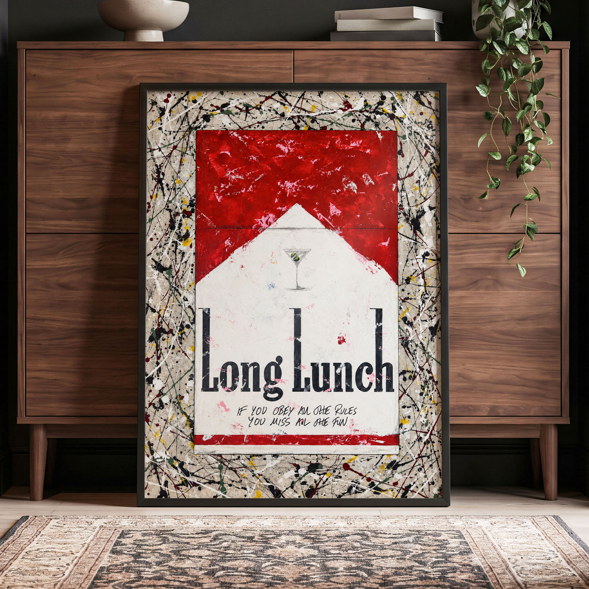 Long Lunch Unscripted, red, white, black abstract wall art displayed in a styled interior, gallery view 9