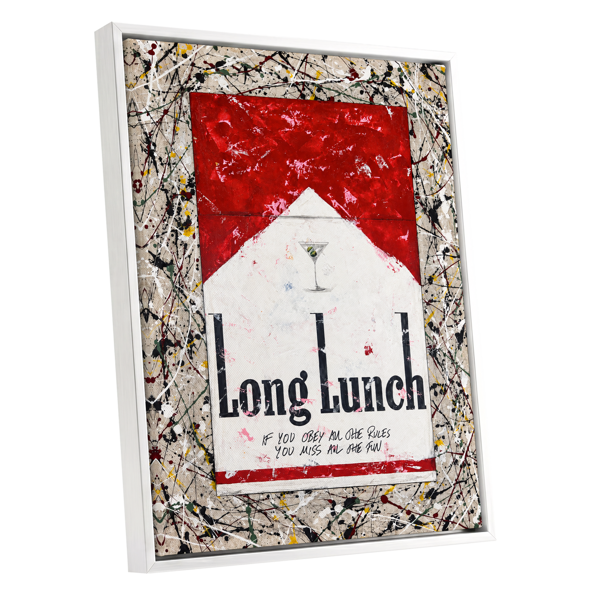 Long Lunch Unscripted, red, white, black abstract wall art shown as a white framed canvas wall art