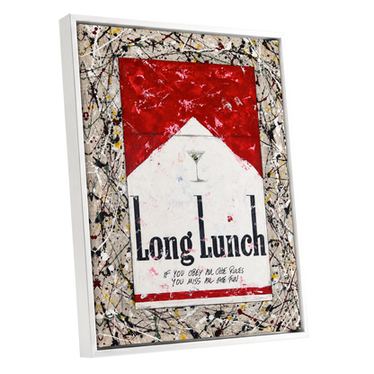 Long Lunch Unscripted, red, white, black abstract wall art shown as a white framed canvas wall art