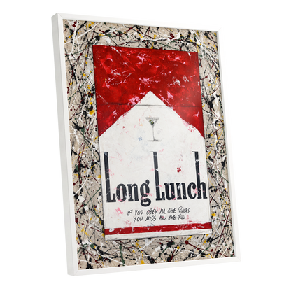 Long Lunch Unscripted, red, white, black abstract wall art shown as a white framed poster wall art print