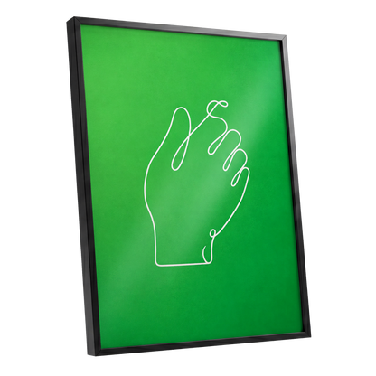 Looped Gesture, green, white, beige minimalist wall art shown as a black framed poster wall art print