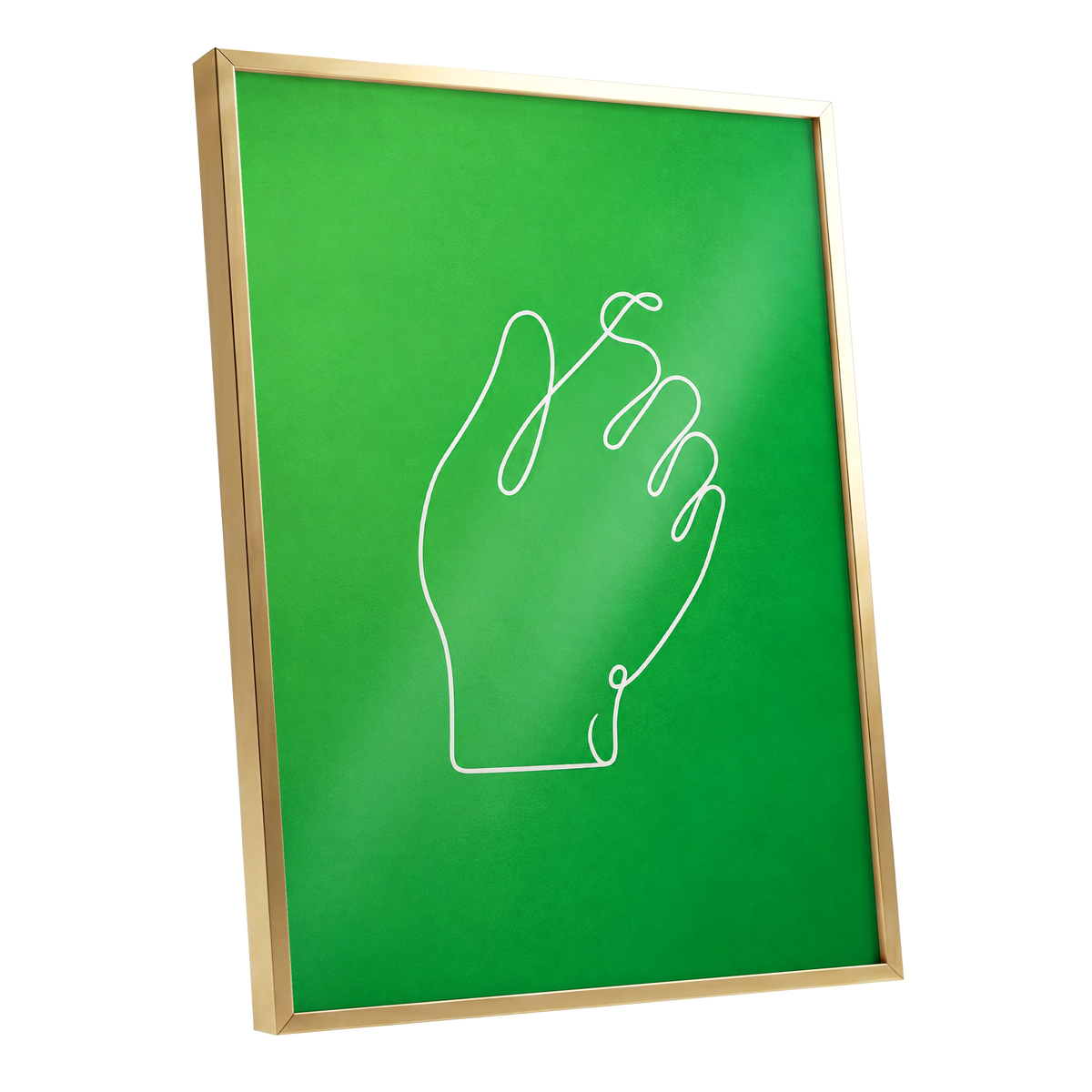 Looped Gesture, green, white, beige minimalist wall art shown as a gold framed poster wall art print