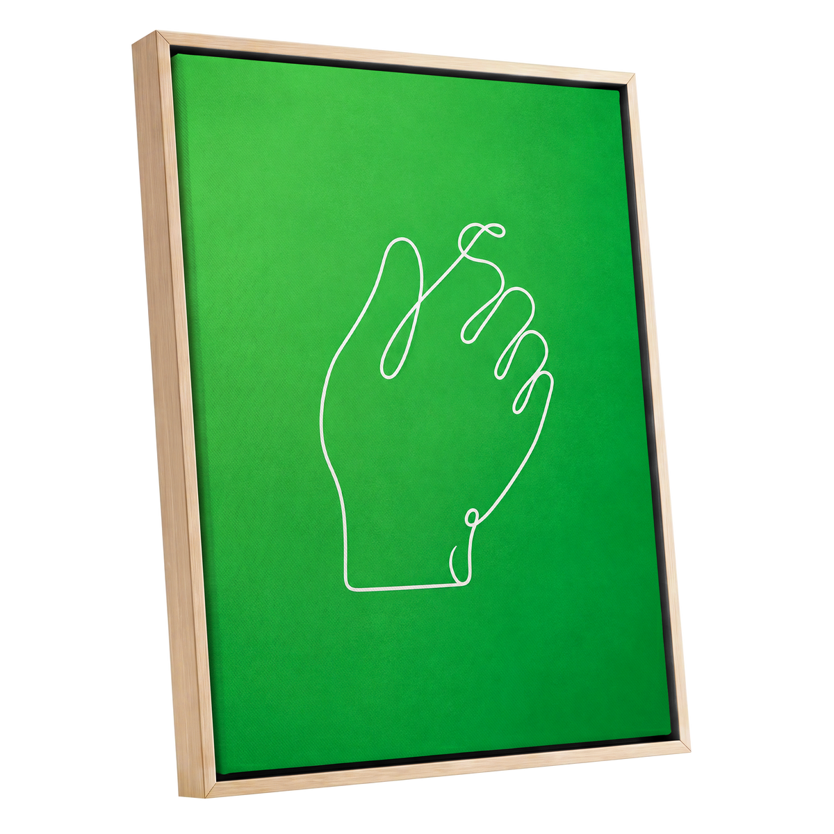 Looped Gesture, green, white, beige minimalist wall art shown as a oak framed canvas wall art