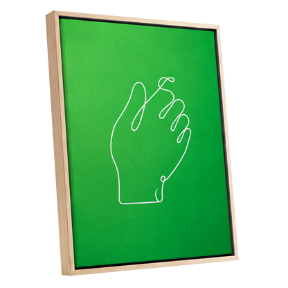 Looped Gesture, green, white, beige minimalist wall art shown as a oak framed canvas wall art