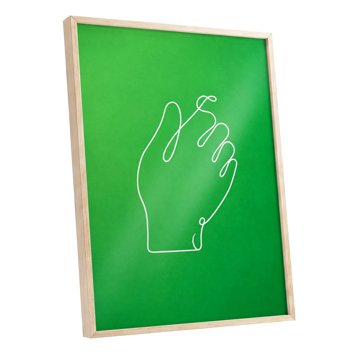 Looped Gesture, green, white, beige minimalist wall art shown as a oak framed poster wall art print