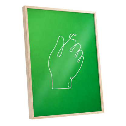 Looped Gesture, green, white, beige minimalist wall art shown as a oak framed poster wall art print