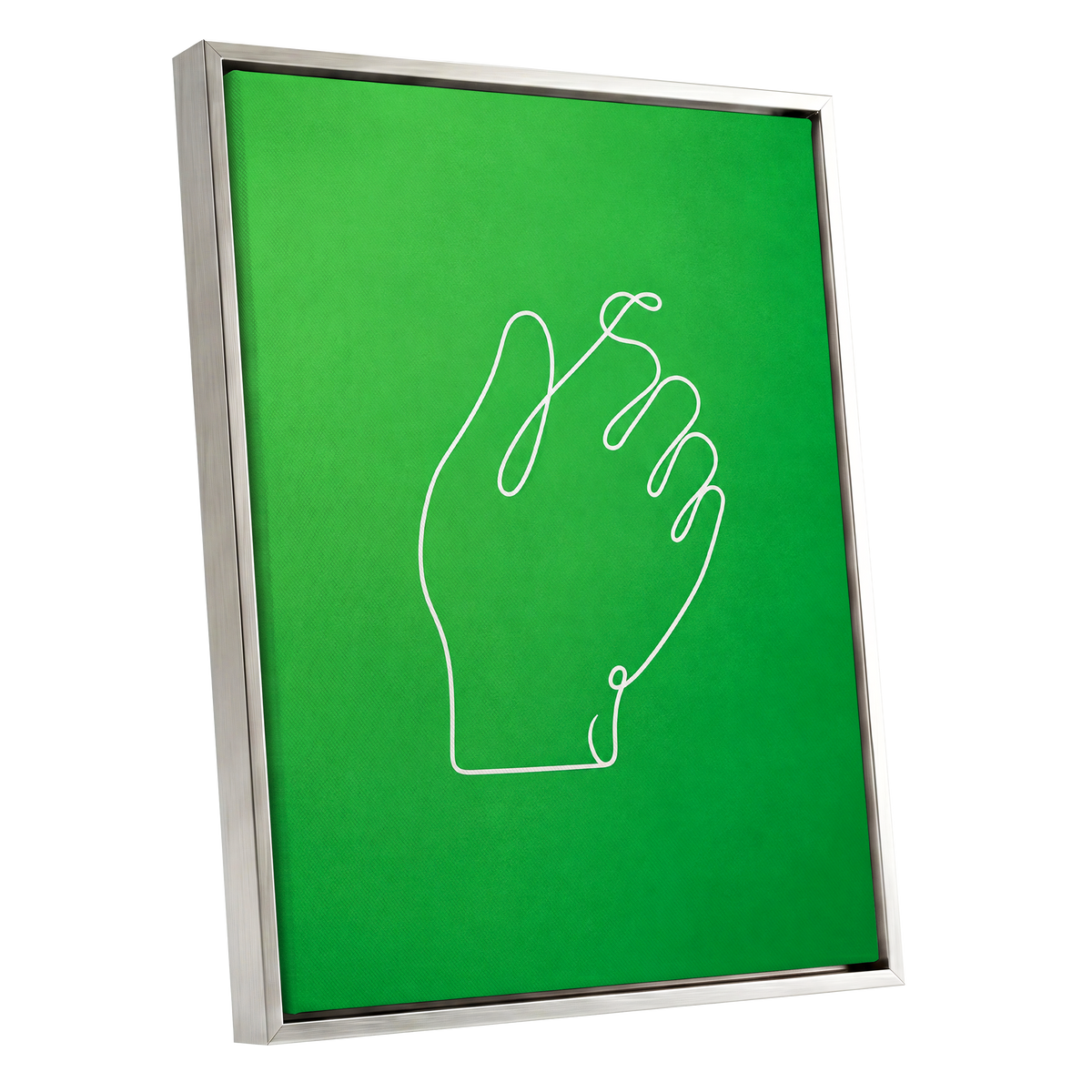 Looped Gesture, green, white, beige minimalist wall art shown as a silver framed canvas wall art