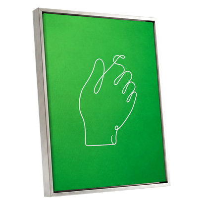 Looped Gesture, green, white, beige minimalist wall art shown as a silver framed canvas wall art