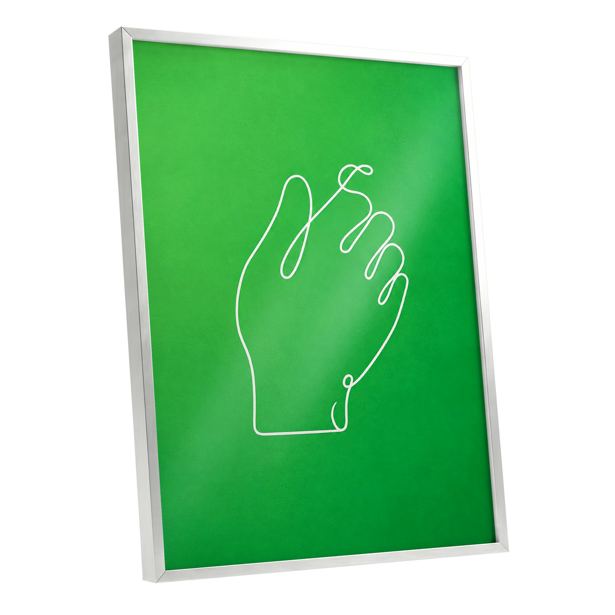 Looped Gesture, green, white, beige minimalist wall art shown as a silver framed poster wall art print