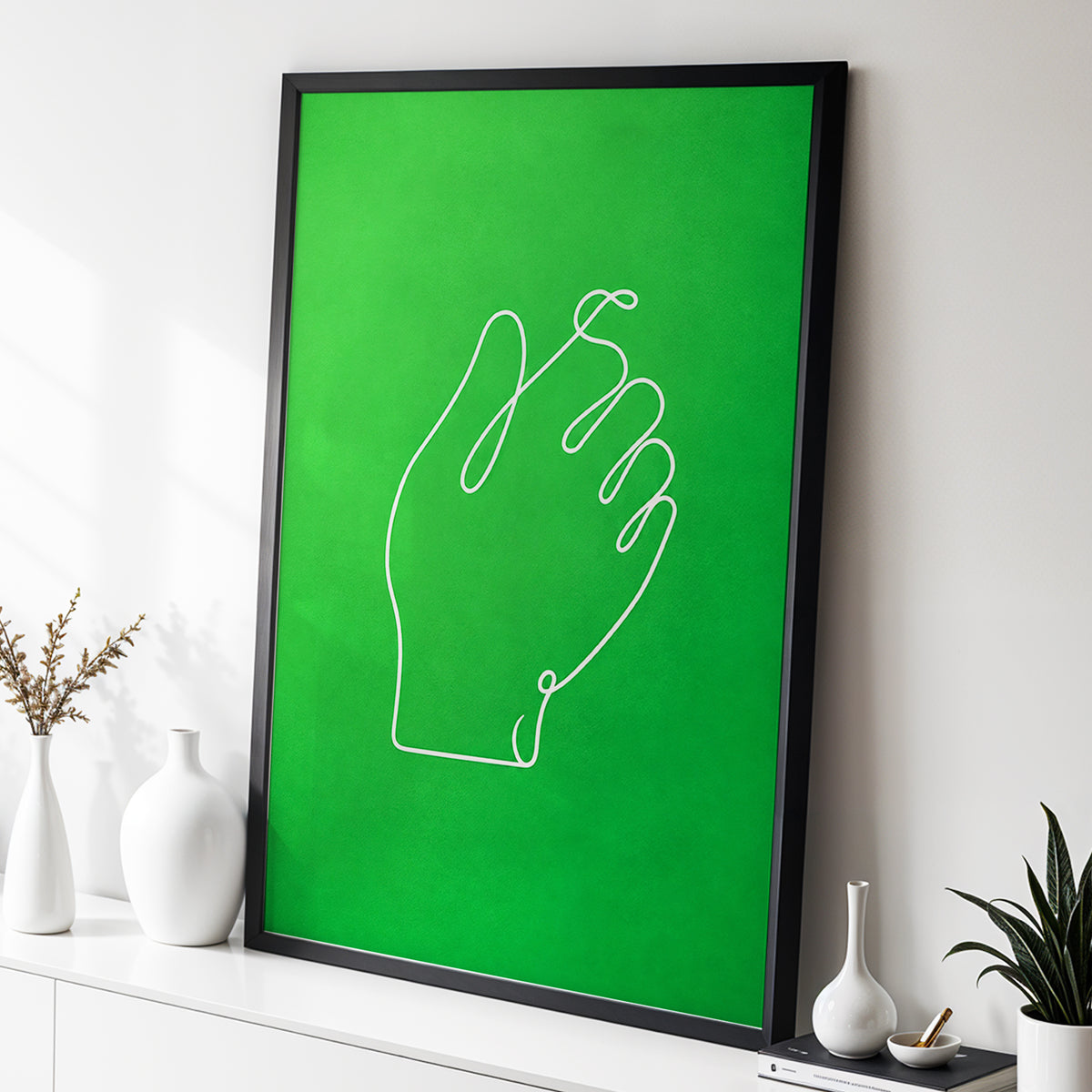 Looped Gesture, green, white, beige minimalist wall art displayed in a styled interior, gallery view 2