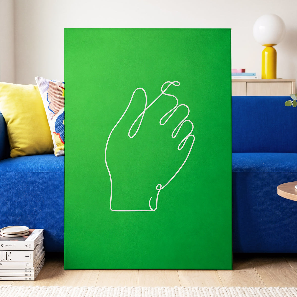 Looped Gesture, green, white, beige minimalist wall art displayed in a styled interior, gallery view 3