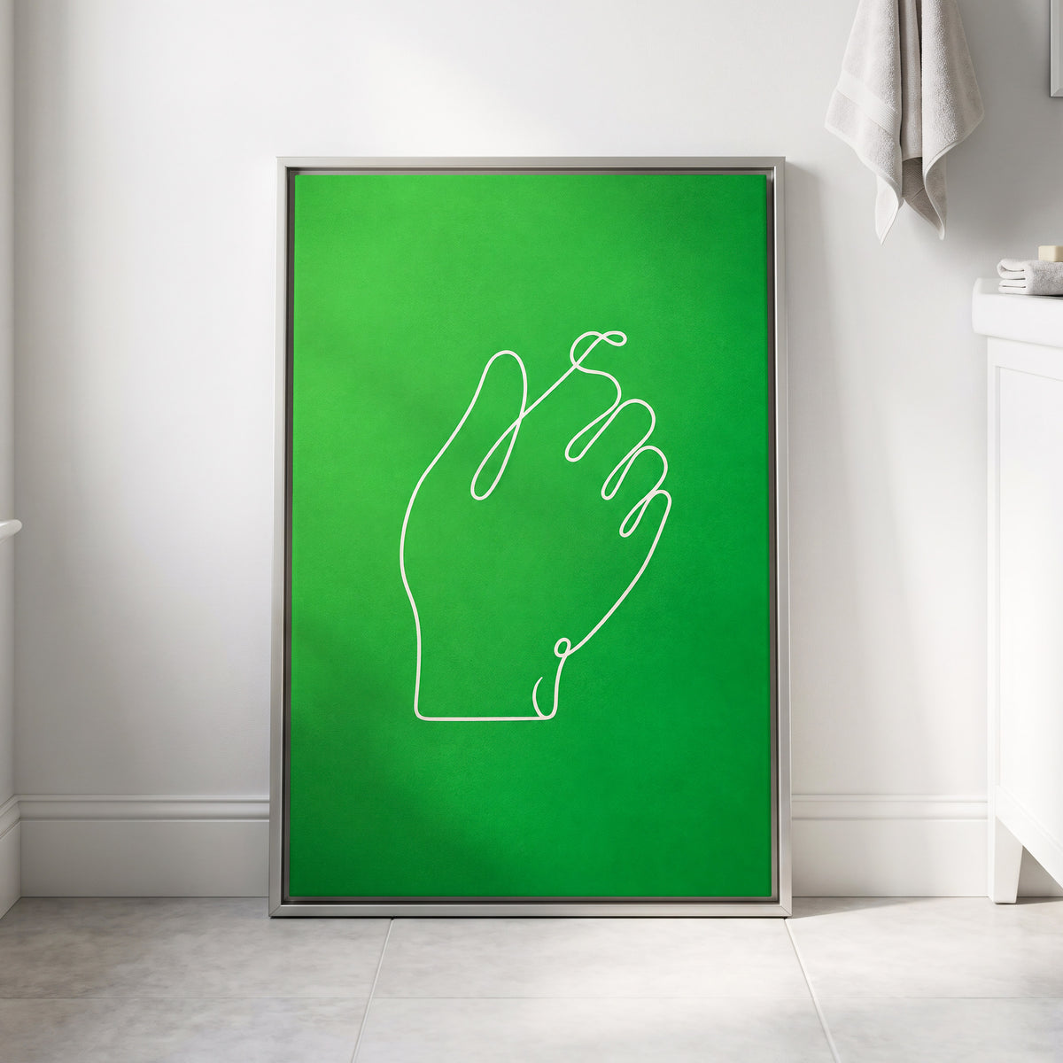 Looped Gesture, green, white, beige minimalist wall art displayed in a styled interior, gallery view 4