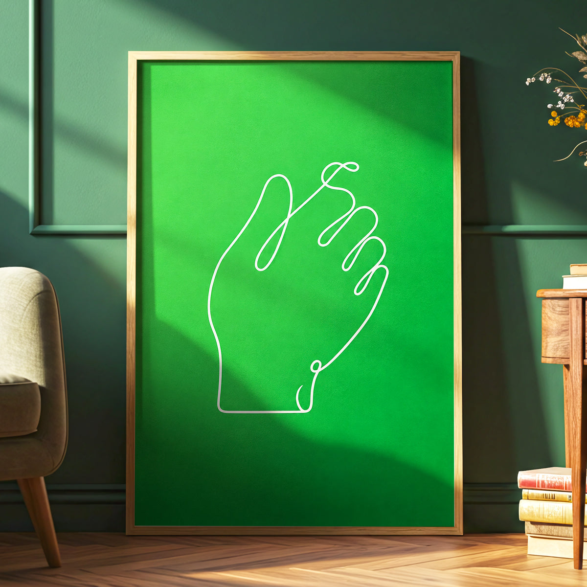 Looped Gesture, green, white, beige minimalist wall art displayed in a styled interior, gallery view 6