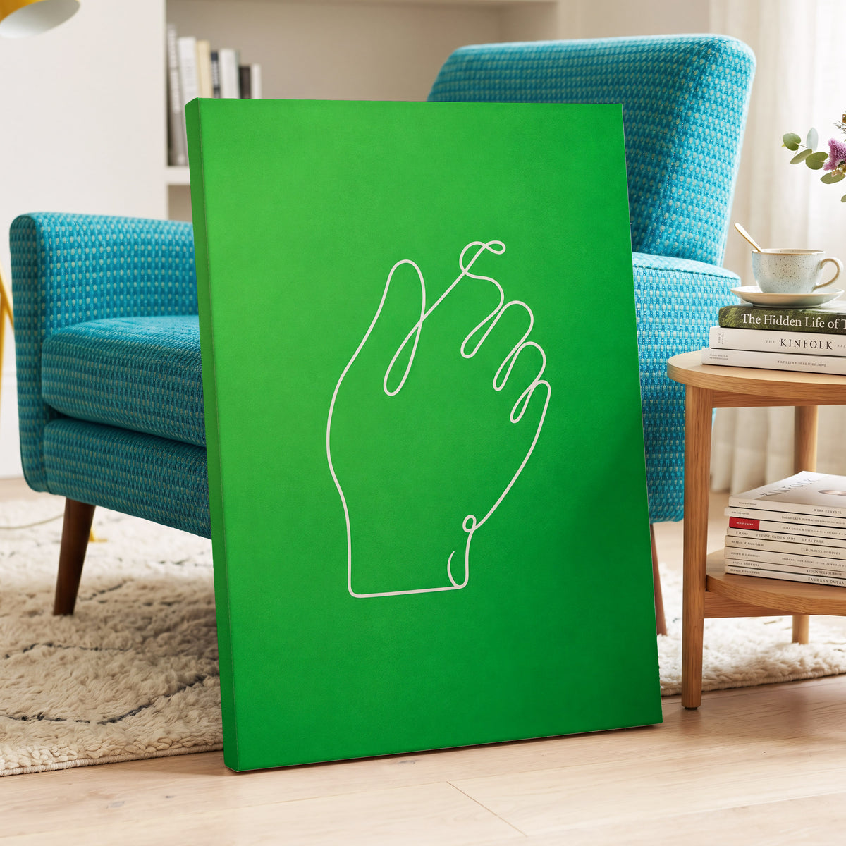Looped Gesture, green, white, beige minimalist wall art displayed in a styled interior, gallery view 7