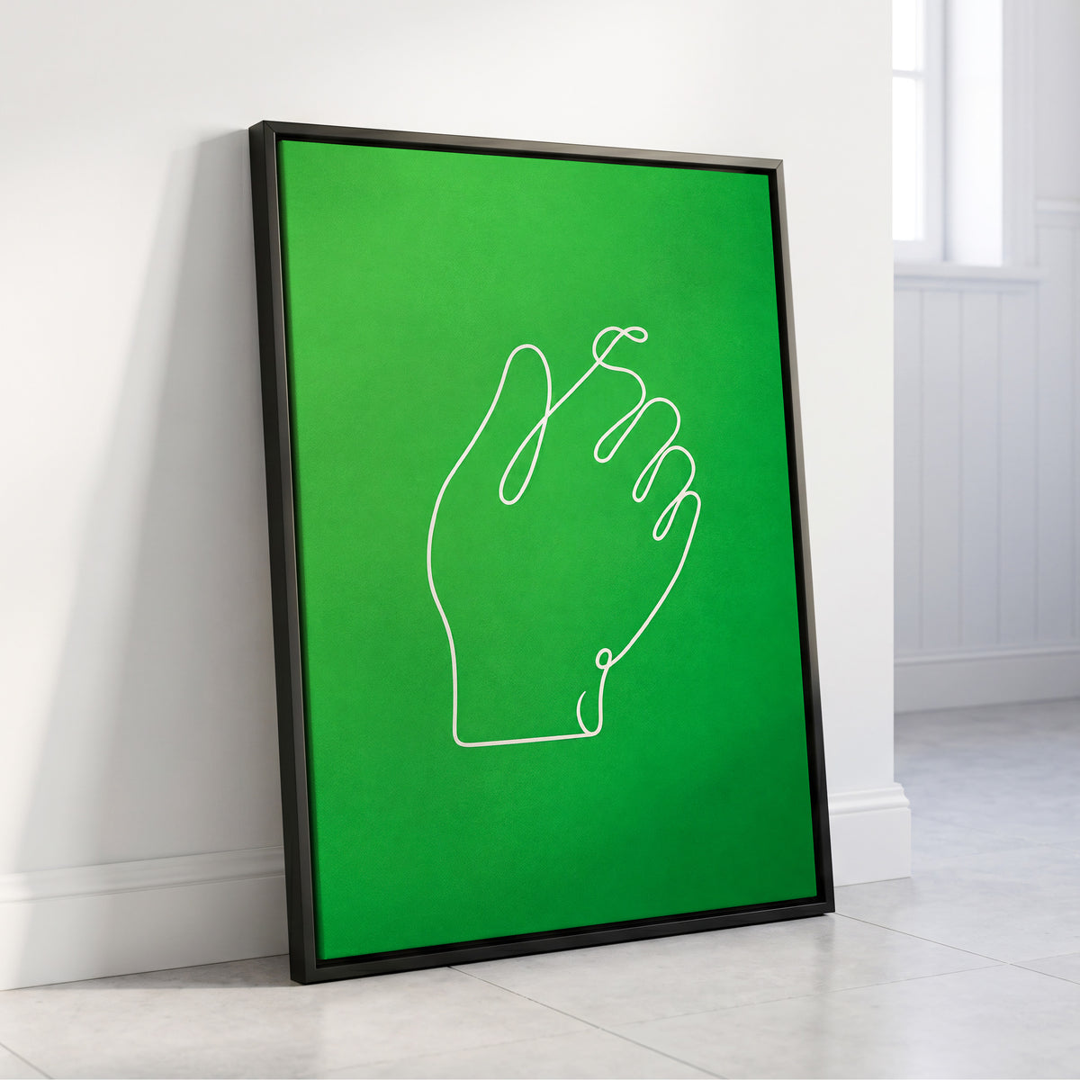 Looped Gesture, green, white, beige minimalist wall art displayed in a styled interior, gallery view 8