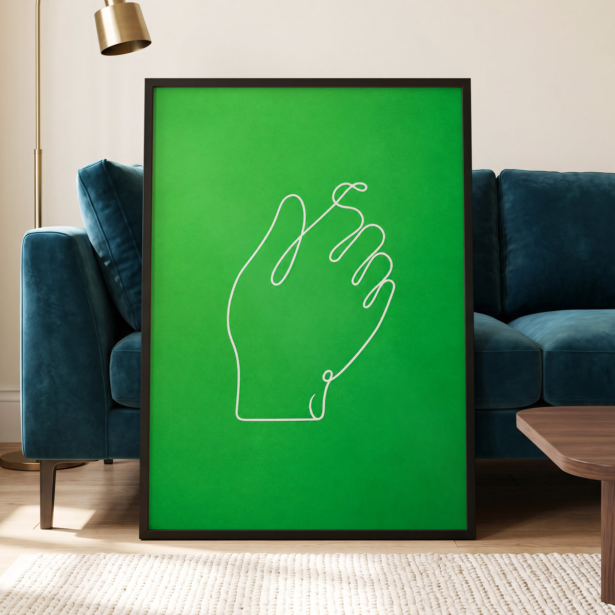 Looped Gesture, green, white, beige minimalist wall art displayed in a styled interior, gallery view 9