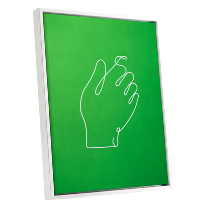 Looped Gesture, green, white, beige minimalist wall art shown as a white framed canvas wall art