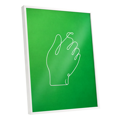 Looped Gesture, green, white, beige minimalist wall art shown as a white framed poster wall art print