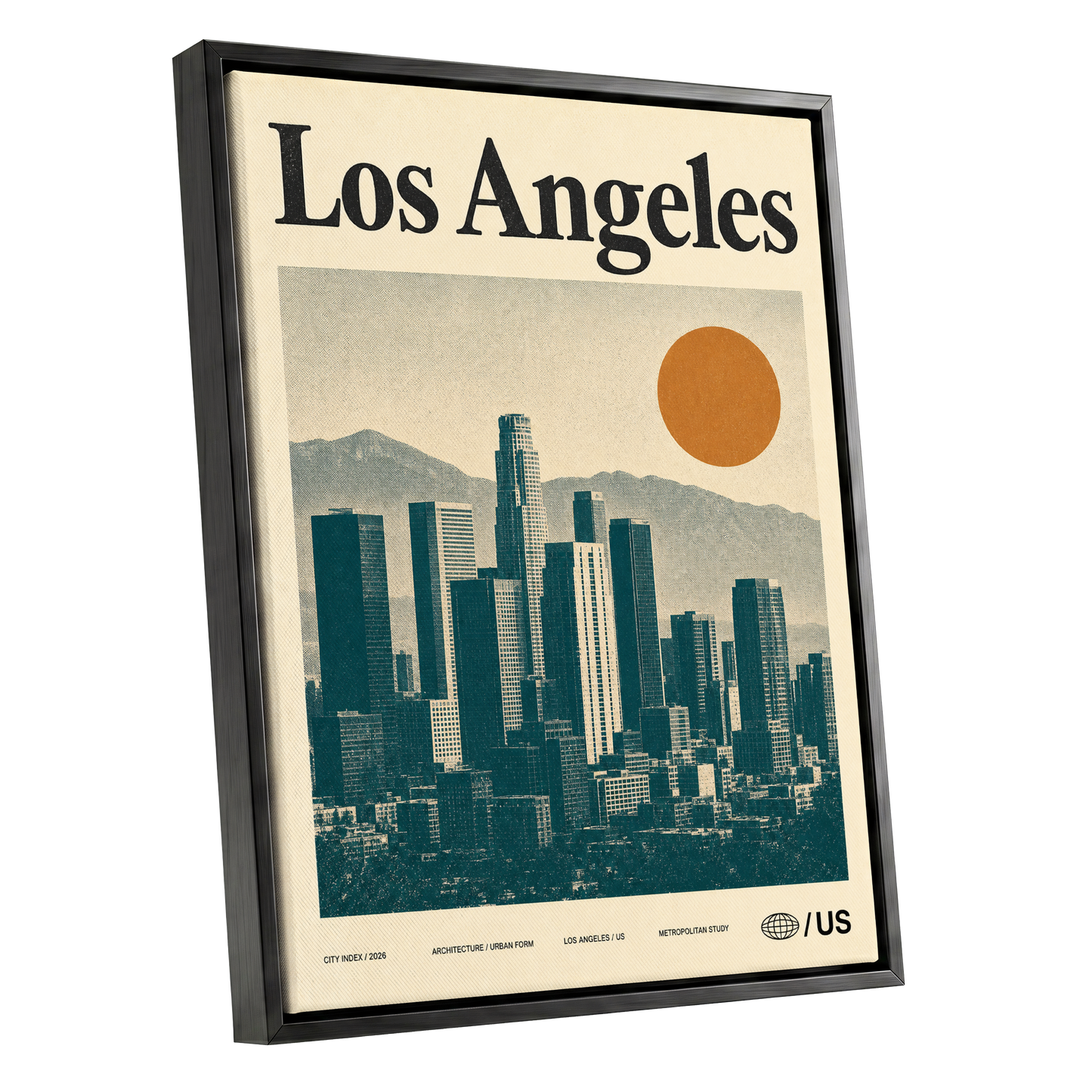 Los Angeles City Index, beige, green, orange minimalist wall art shown as a black framed canvas wall art
