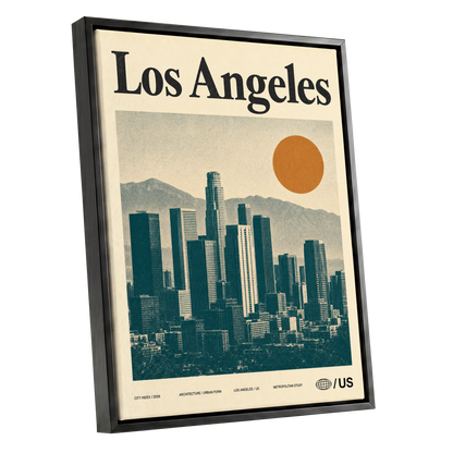 Los Angeles City Index, beige, green, orange minimalist wall art shown as a black framed canvas wall art