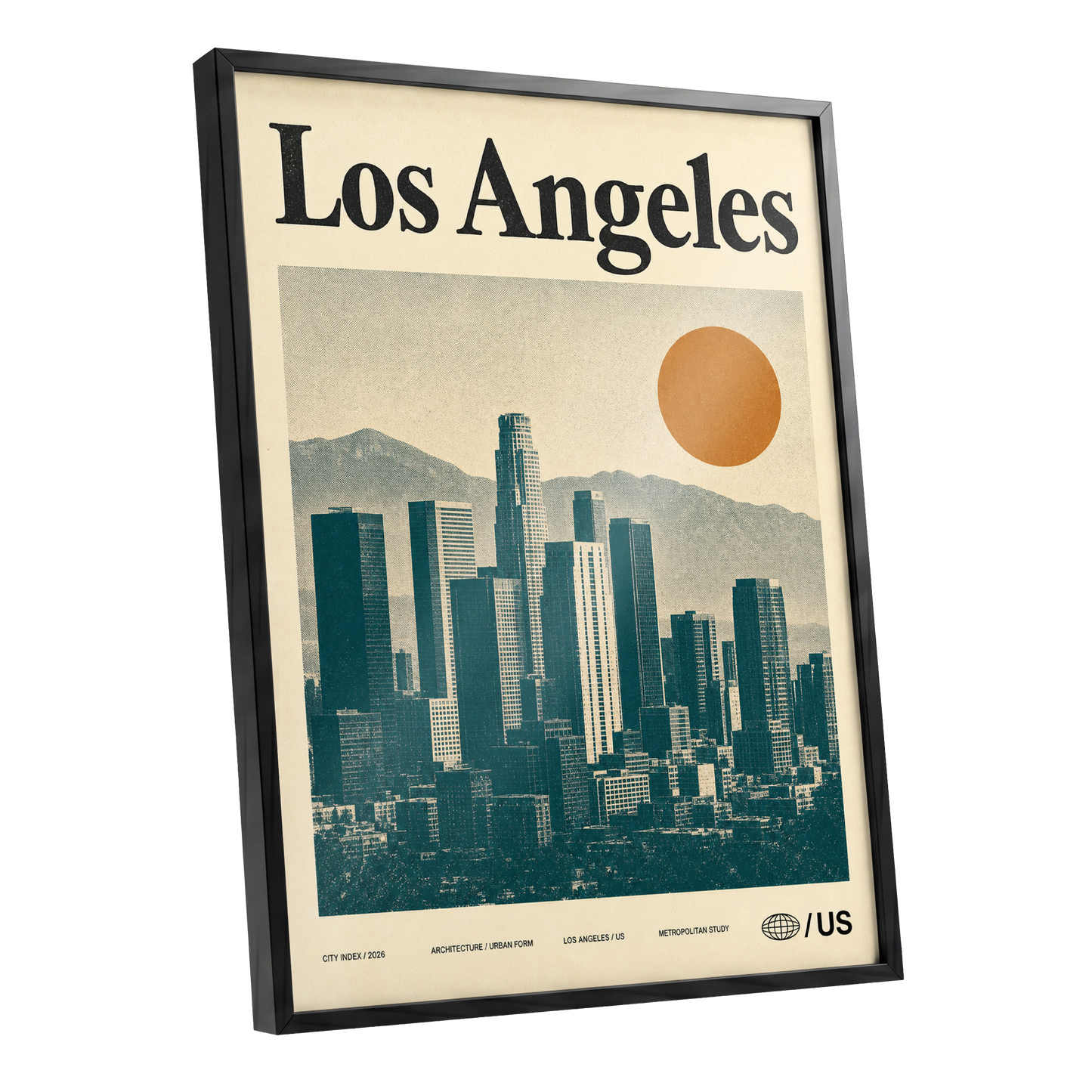 Los Angeles City Index, beige, green, orange minimalist wall art shown as a black framed poster wall art print