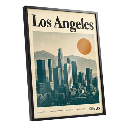 Los Angeles City Index, beige, green, orange minimalist wall art shown as a black framed poster wall art print
