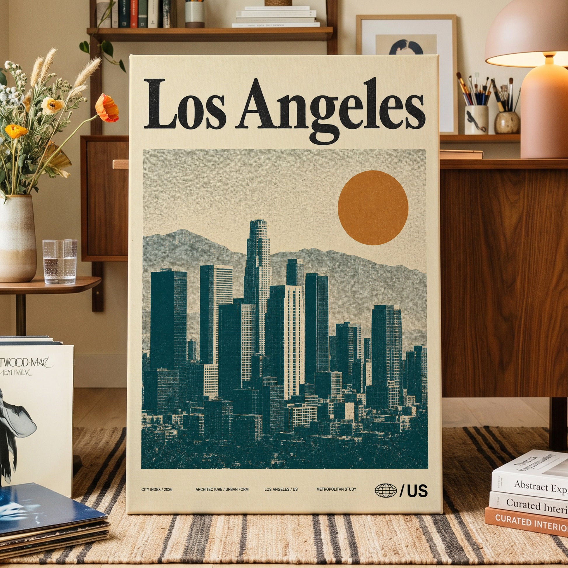Los Angeles City Index, beige, green, orange minimalist wall art on canvas displayed in a styled interior, gallery view 1