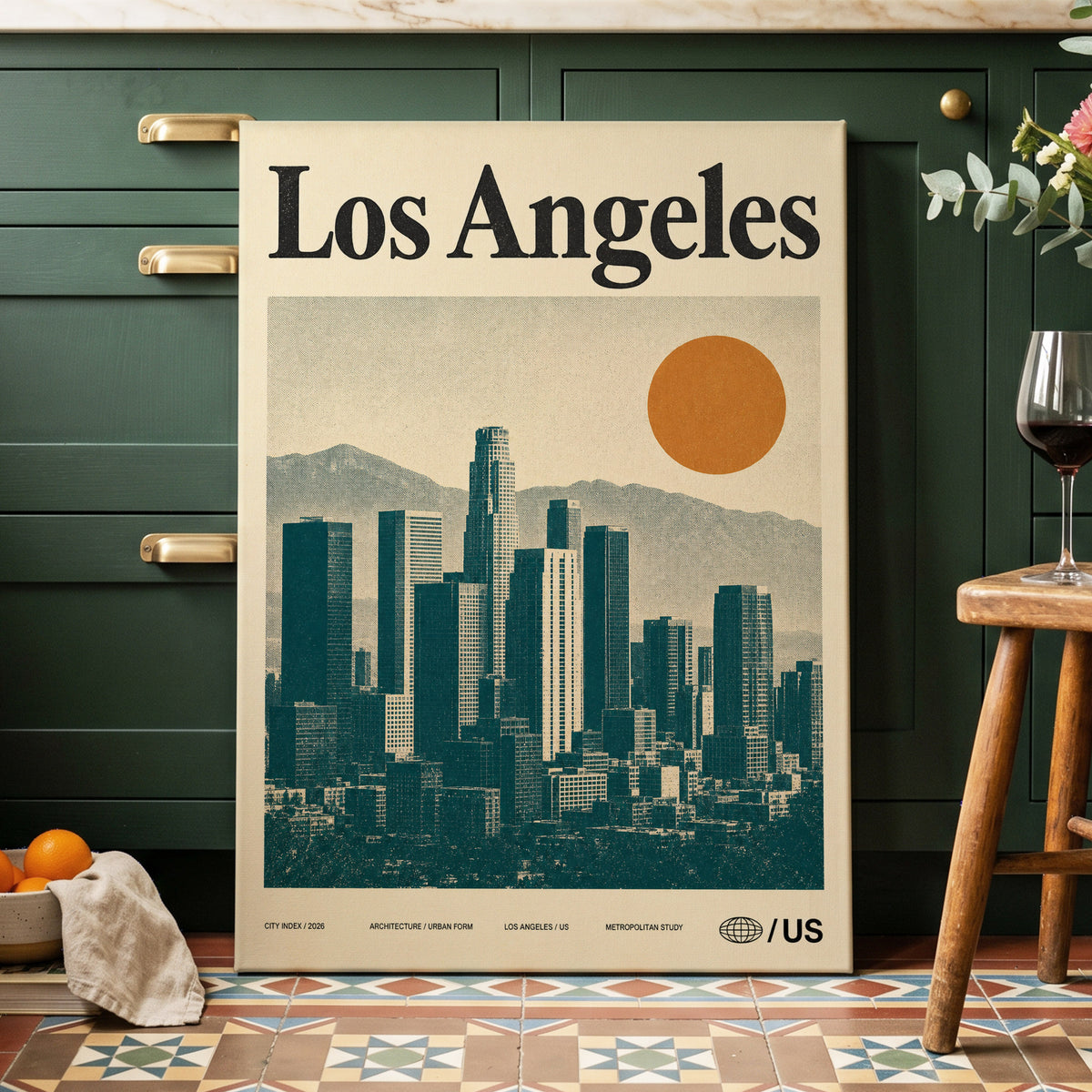 Los Angeles City Index, beige, green, orange minimalist wall art on canvas displayed in a styled interior, gallery view 2