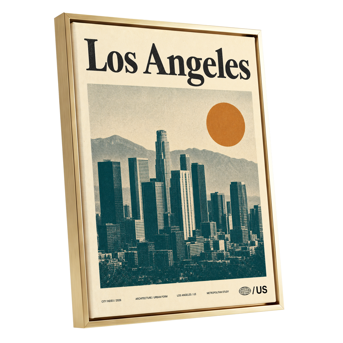 Los Angeles City Index, beige, green, orange minimalist wall art shown as a gold framed canvas wall art