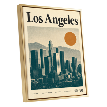 Los Angeles City Index, beige, green, orange minimalist wall art shown as a gold framed canvas wall art